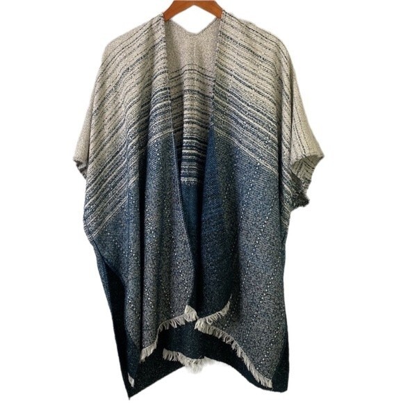 Lucky Brand Striped Kimono Poncho Sweater Wrap Ombre Open Front Fringe Hem Boho - Picture 8 of 14